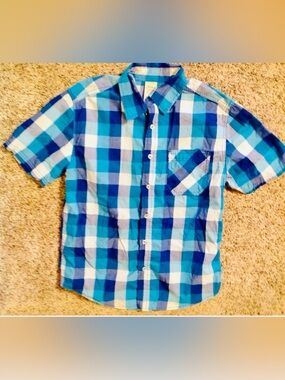 Faded Glory Shirt Size XL 14-16 Boys Blue White Rockabilly Plaid Button Front
